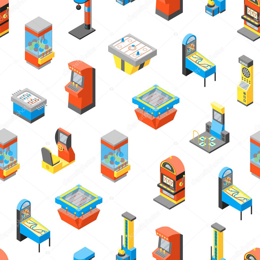 Game Machine 3d Seamless Pattern Background Isometric View. Vector