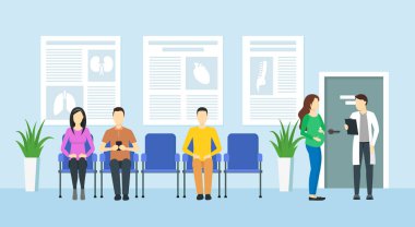 İçerideki İnsanlarla Çizgi Film Sırası Hastanesi. Vektör