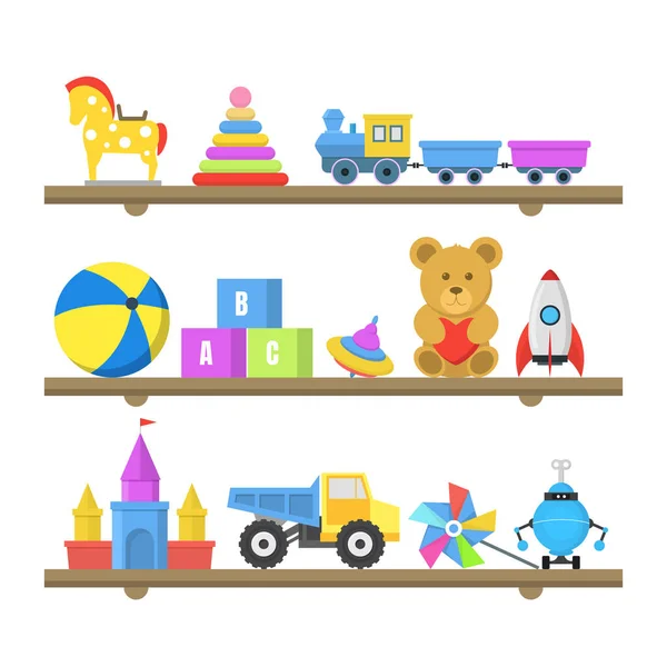 卡通颜色玩具在架子上设置。向量 — 图库矢量图片