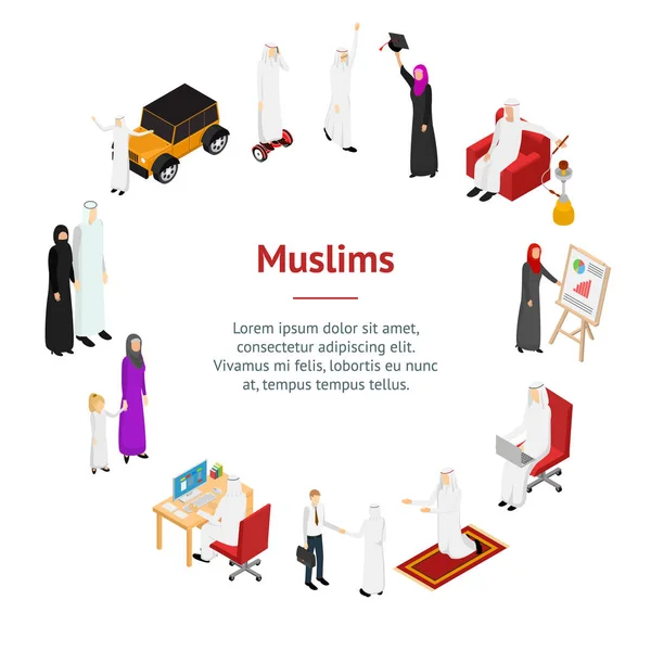 Arabscy muzułmanie ludzie 3D banner Card Circle widok izometryczny. Wektor — Wektor stockowy