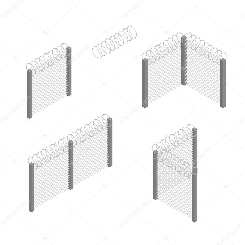 Prison Penitentiary Fence Set 3d Isometric View. Vector