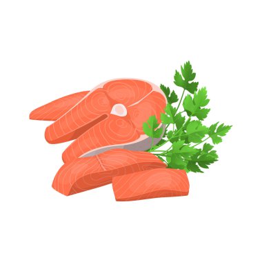 Karikatür Steak ve somon ve yeşil ham maydanoz parçaları. Vektör