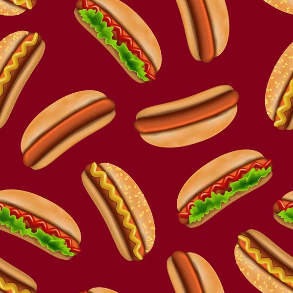 Realistische detaillierte 3D Hotdog Fast Food nahtlose Muster Hintergrund. Vektor — Stockvektor