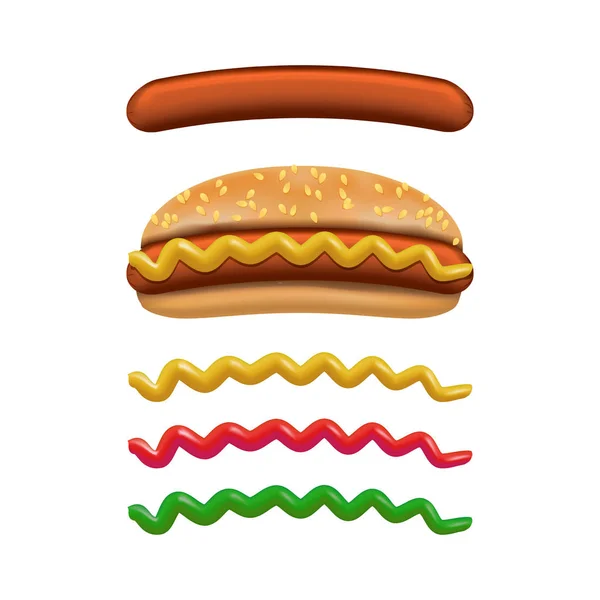 Realista detallada 3d Hotdog Fast Food and Elements Set. Vector — Vector de stock