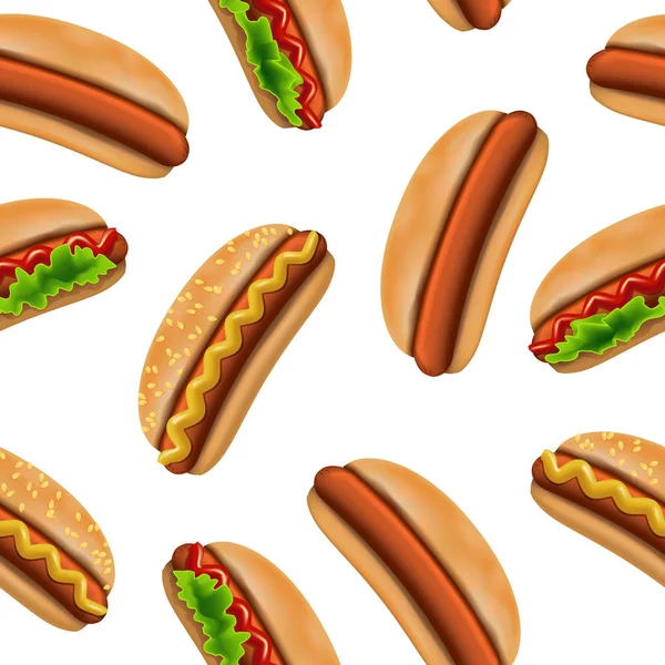 Gerçekçi detaylı 3D Hotdog hızlı gıda Dikişsiz desen arka plan. Vektör — Stok Vektör