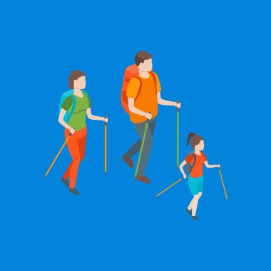 Ücretsiz zaman harcama aileler 3D Izometrik görünüm. Vektör