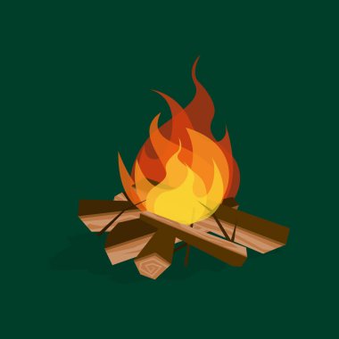 Yeşil üzerinde karikatür yangın ahşap ve Campfire. Vektör