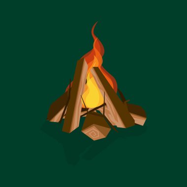 Yeşil üzerinde karikatür yangın ahşap ve Campfire. Vektör