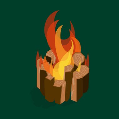 Yeşil üzerinde karikatür yangın ahşap ve Campfire. Vektör