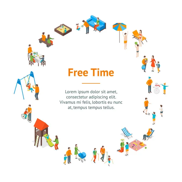 Familias pasar tiempo libre 3d Banner Card Circle Isomtric View. Vector — Vector de stock