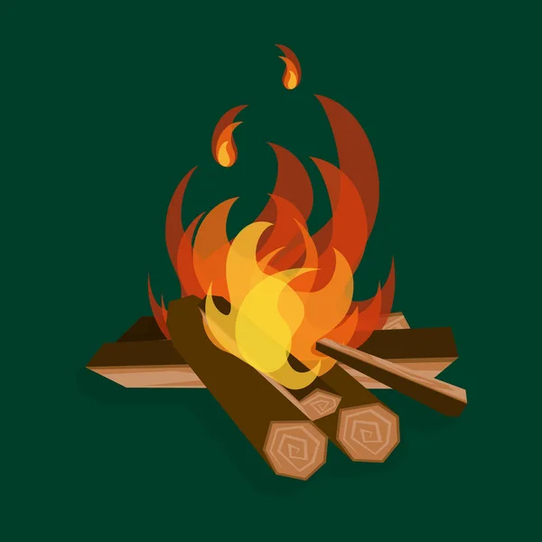 Cartoon-Feuerholz und Lagerfeuer auf einem Grün. Vektor — Stockvektor
