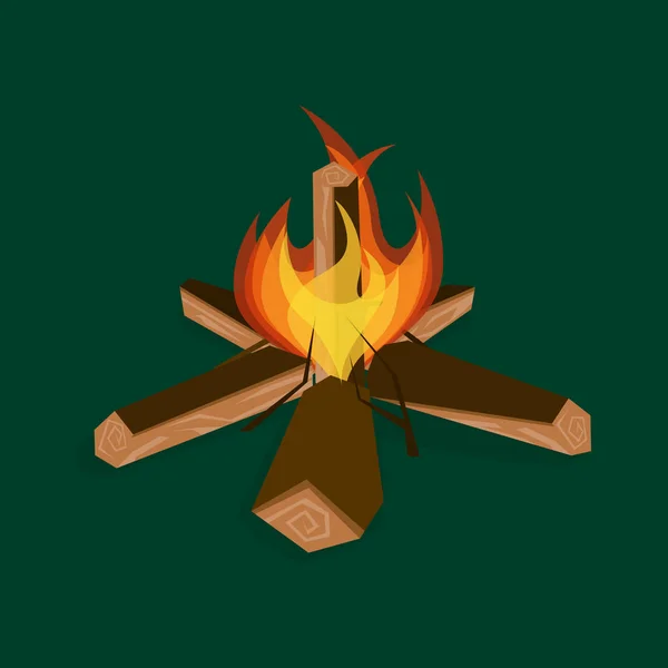 Cartoon Fire hout en kampvuur op een groene. Vector — Stockvector