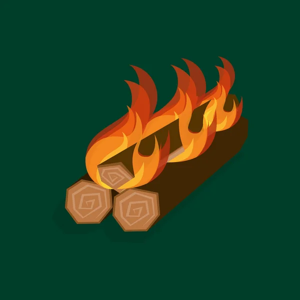 Caricatura fuego madera y fogata en un verde. Vector — Vector de stock