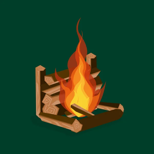 Cartoon Fire hout en kampvuur op een groene. Vector — Stockvector