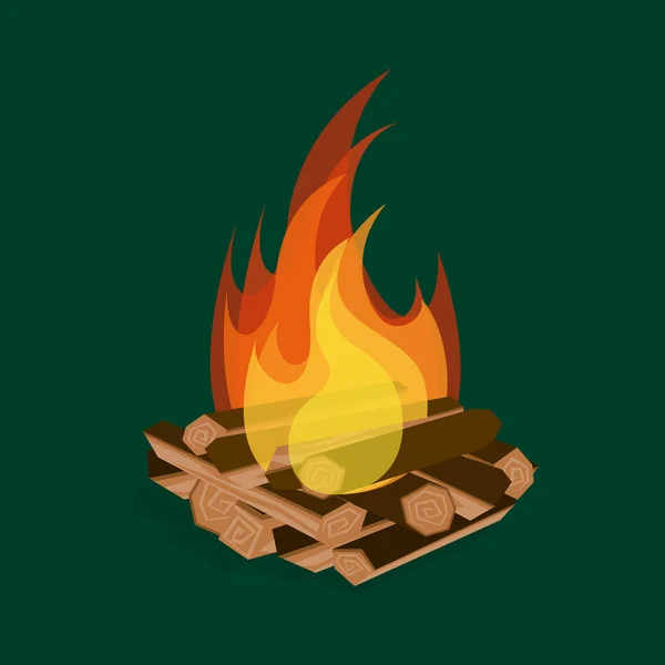 Cartoon Fire Wood och läger elden på en grön. Vektor — Stock vektor