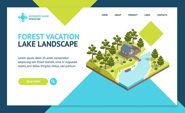 Σπίτι δάσος λίμνη concept ιστοσελίδα πρότυπο 3D ισομετρική προβολή. Διάνυσμα — Διανυσματικό Αρχείο