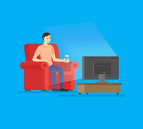 Cartoon Man ve TV Concept on a Blue. Vector — Archivo Imágenes Vectoriales