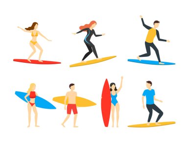 Karikatür Farklı Karakterler İnsanlar Surfers Ayarlayın. Vektör