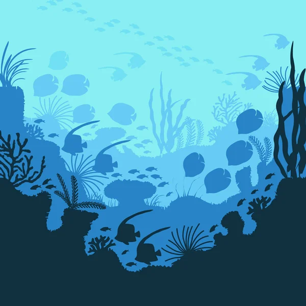 Cartoon Underwater Blue Ocean Background Scene Concept (dalam bahasa Inggris). Vektor - Stok Vektor