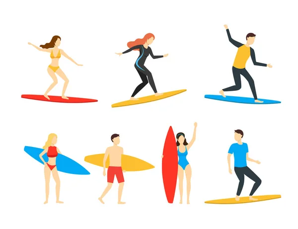 Karikatür Farklı Karakterler İnsanlar Surfers Ayarlayın. Vektör — Stok Vektör