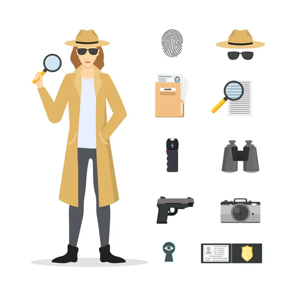 Cartoon Character Female Detective and Icon Set. Vector — Stock Vector