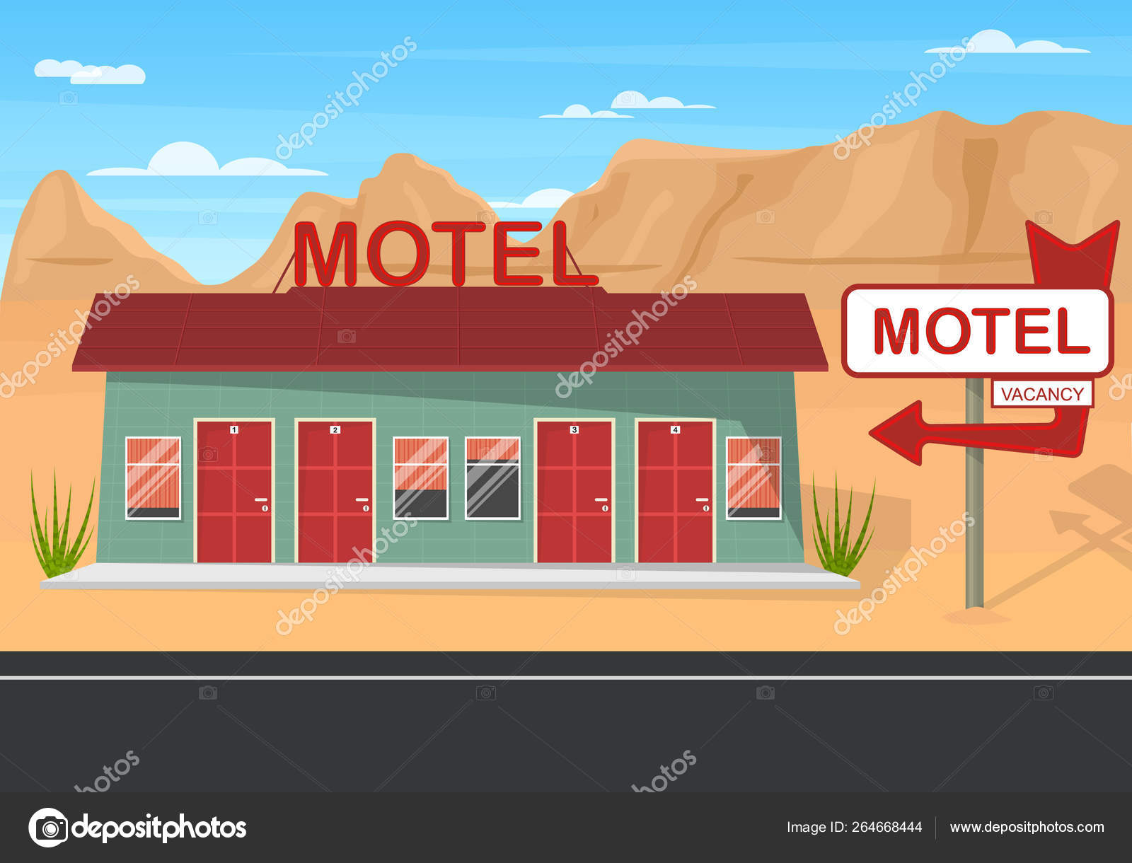 Cartoon Roadside Motel on a Landscape Background (en inglés). Vector