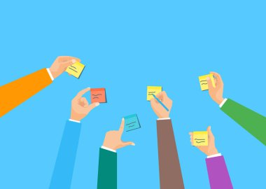 Karikatür Renk İnsan El Tutan Not veya Sticker Set. Vektör