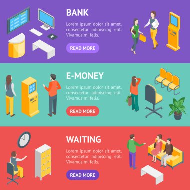 Mobilya ve İnsanlar Banner Yatay Set İzometrik Görünümü ile Banka Ofisi İç. Vektör