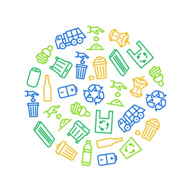 ÇöpLe İlgili İşaretler İnce Çizgi Yuvarlak Tasarım Şablonu Reklamı. Vektör