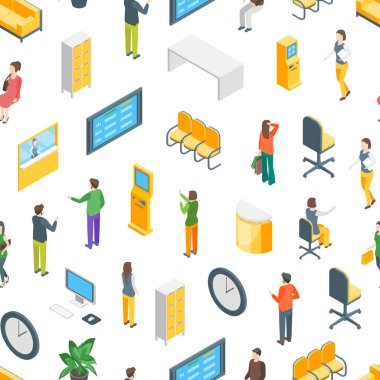 Banka Ofisi Dikişsiz Desen Arka Plan İzometrik Görünüm. Vektör