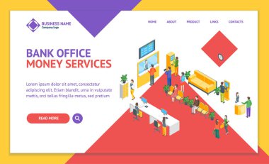 Banka Ofisi İç Açılış Web Sayfası ŞablonİzOmetrik Görünüm. Vektör