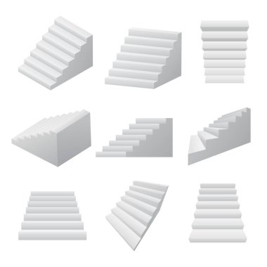 Gerçekçi Detaylı 3d Beyaz Boş Merdivenler Şablon Mockup Set. Vektör