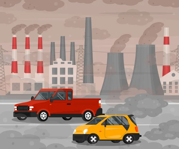 Cartel de la tarjeta del concepto de la contaminación del aire del coche de la historieta. Vector — Vector de stock