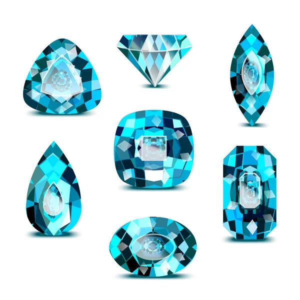 Conjunto de pedras preciosas azuis coloridas detalhadas 3d realista. Vetor — Vetor de Stock