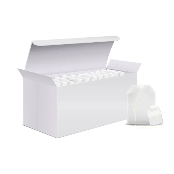 Realista detallado 3d blanco caja de té en blanco y Teabag plantilla conjunto de maquetas. Vector — Archivo Imágenes Vectoriales