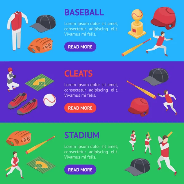 Бейсбольна гра Спортивні знаки 3d Банер Горизонтальний набір Ізометричний вигляд. Векторні — стоковий вектор