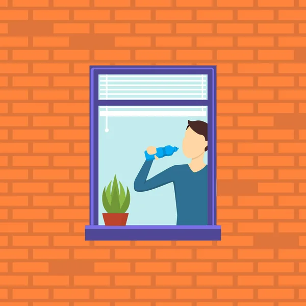 Cartoon Neighbor Character into the Window. Vettore — Vettoriale Stock
