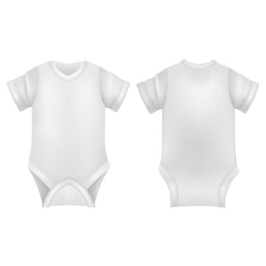 Gerçekçi Detaylı 3d Beyaz Boş Bebek Bodysuit Şablon Mockup Set. Vektör