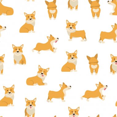 Çizgi Film Karakterleri Galce Corgi Dikişsiz Desen Arka Plan. Vektör
