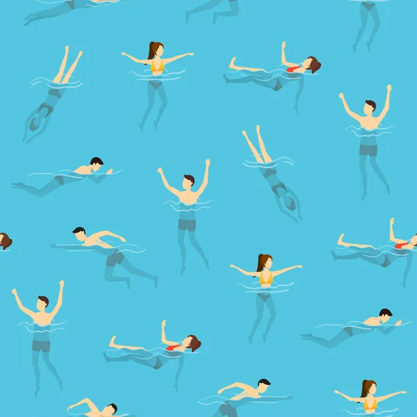 卡通人物游泳和跳水人无缝模式背景。向量 — 图库矢量图片