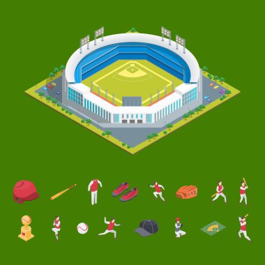 Futbol veya Beyzbol Parkı veya Stadyum ve Elements Concept 3d Izometrik Görünümü. Vektör