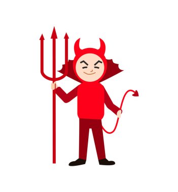 Karikatür Halloween Çocuk Kostüm Kırmızı Şeytan. Vektör