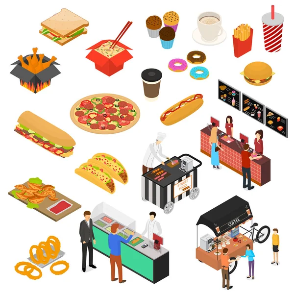 Fast Food Cart Cafe Sign 3d Icon Set Isometric View. Вектор — стоковый вектор