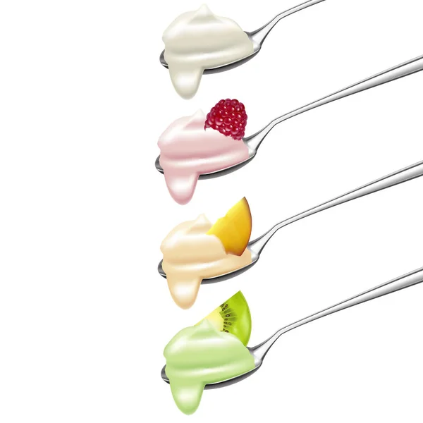 Realista 3d detallado de frutas y bayas yogur en un conjunto de cucharas. Vector — Vector de stock