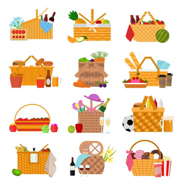 Juego de iconos de cestas de picnic a color de dibujos animados. Vector — Vector de stock