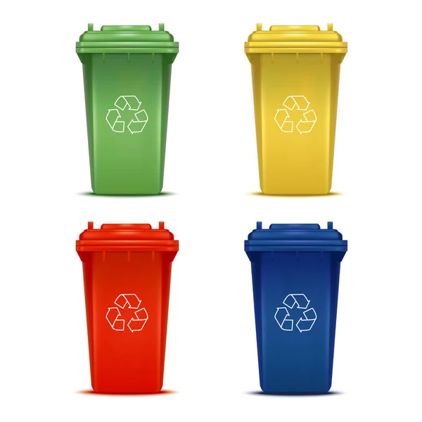 Poubelles de couleur 3d détaillées réalistes avec ensemble de signes de recyclage. Vecteur — Image vectorielle