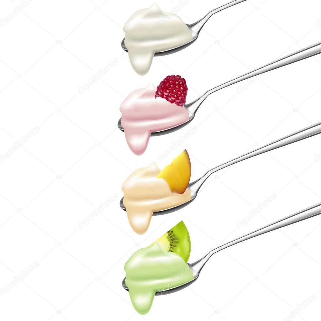 Realistic 3d Detailed Fruit and Berries Yogurt on a Spoon Set. Vector