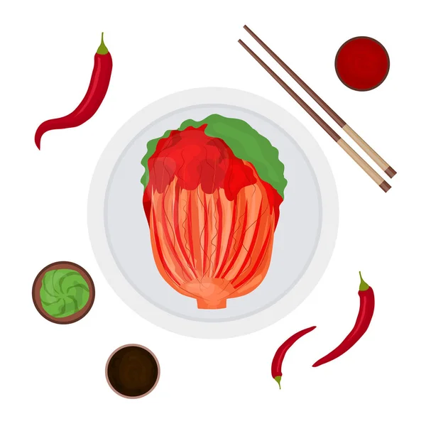 Cartoon Cor Coreano Comida Tradicional Kimchi e Elementos Set. Vetor — Vetor de Stock