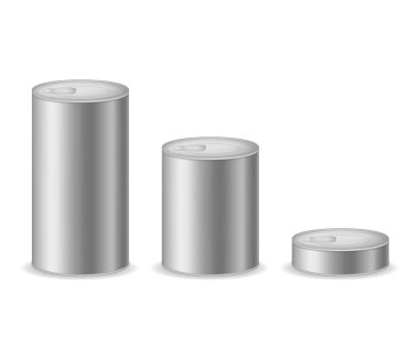 Gerçekçi detaylı 3d konserve Metal Ambalaj küme. Vektör