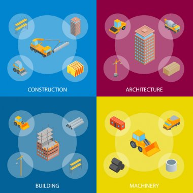 Çok Katlı Bina Konsepti Afiş3d İzometrik Görünüm İnşaatı. Vektör